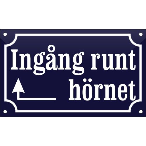 Emaljskylt Ingång runt hörnet med pil vänster koboltblå - vit 20 x 12 cm modell 11