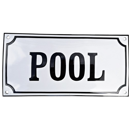 Emaljskylt POOL vit - svart 24 x 12 cm modell 10