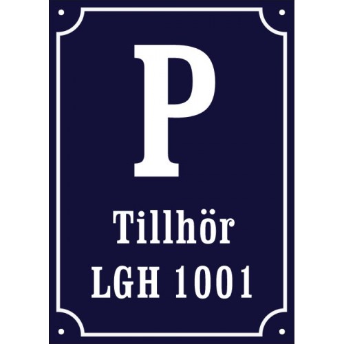 Emaljskylt P TIllhör LGH 1001 koboltblå/vit 20 x 28 cm