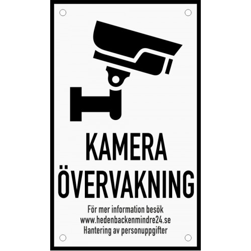 Emaljskylt KAMERA ÖVERVAKNING För mer information besök... vit - svart 12 x 20 cm