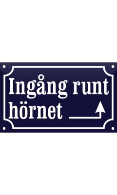 Emaljskylt Ingång runt hörnet med pil höger koboltblå - vit 20 x 12 cm modell 11 Emaljskylt Ingång runt hörnet med pil höger koboltblå - vit 20 x 12 cm modell 11