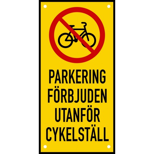 Emaljskylt Parkering förbjuden utanför cykelställ Gul/Svart/Röd 12x24 cm