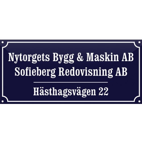 Emaljskylt Nytorgets Bygg & Maskin AB Sofieberg Redovisning AB Hästhagsvägen 22 55x25 cm blå-vit
