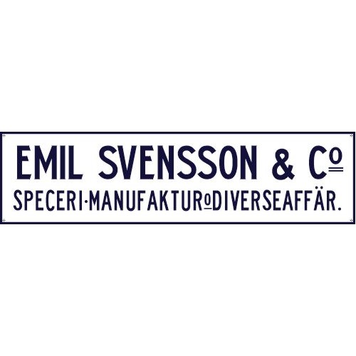Emaljskylt EMIL SVENSSON 125 x 32 cm vit - koboltblå