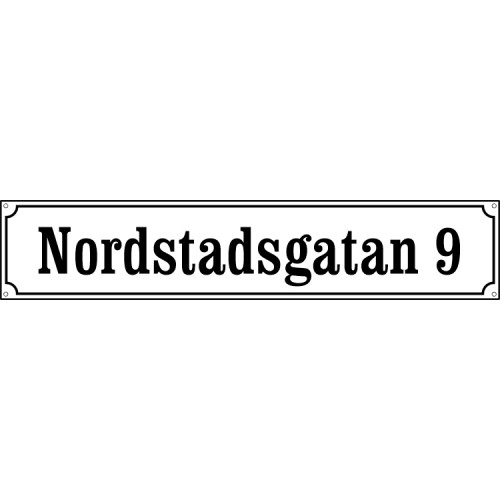 Emaljskylt Nordstadsgatan 9 vit-svart 60x12 cm