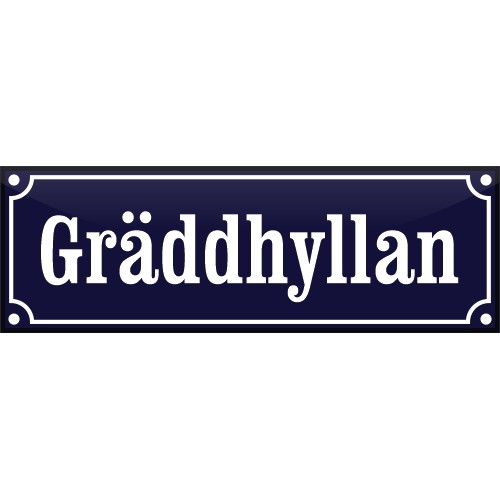 Emaljskylt Gräddhyllan blå-vit 18x6 cm