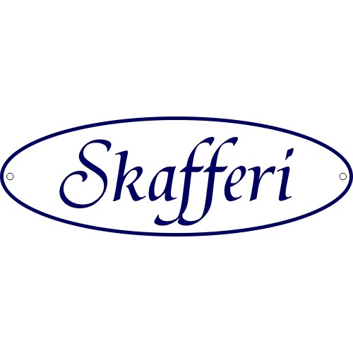 Emaljskylt Skafferi vit-blå oval 15x5 cm