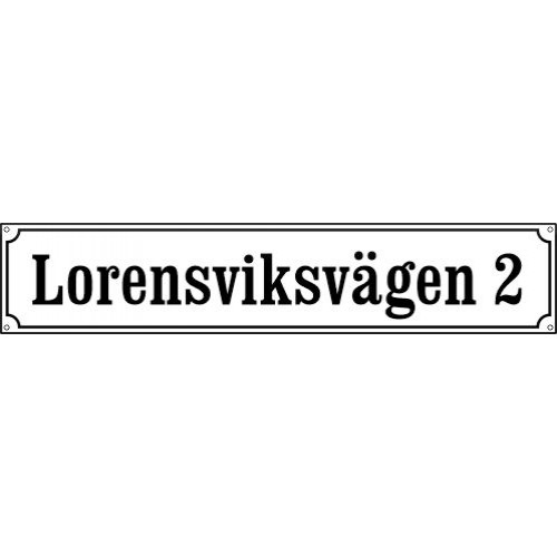 Emaljskylt Lorensviksvägen 2 vit-svart 30x6 cm