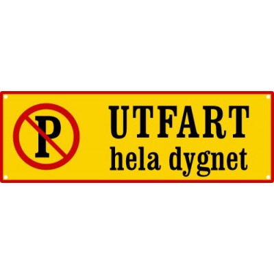 Emaljskylt UTFART hela dygnet gul - svart 36 x 12 cm modell 54